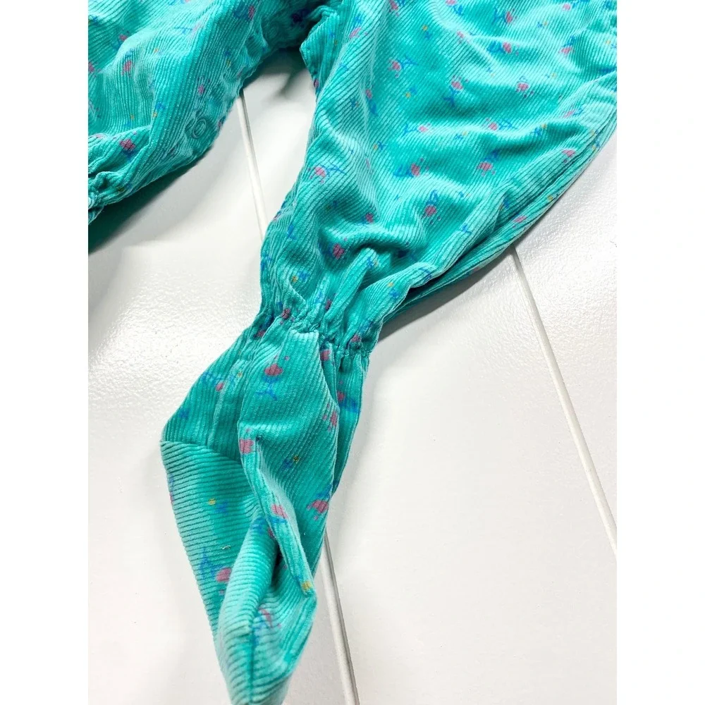 Vintage Oshkosh BGosh Teal Floral Corduroy Footie Overalls,‎ Size 6-9 Months